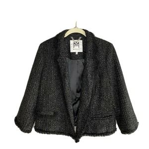 Milly Black Tweed Sparkle Fringe Trim Blazer